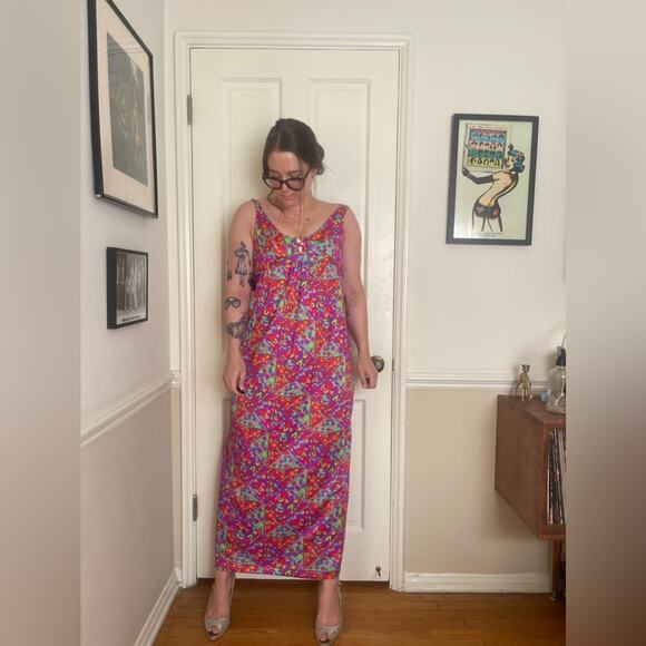 60s-70s Vintage Bullet Bra Psychedelic Print Maxi Dress w Corset Bust - Picture 1 of 4